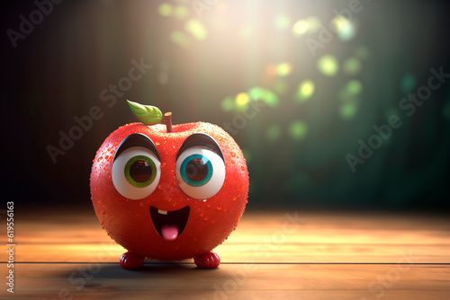 Red fresh apple on wooden table. Generative AI. Cute cartoon fruit with eyes. Apple day, Apple Festival. Healthy food for children. Hilarious Image for advertising, signboard, kids menu. Copy space.