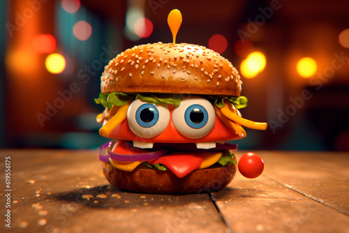 mouth-watering, delicious homemade burger. Generative AI. Burger day. Cute cheeseburger character with eyes. Funny illustration for pizzeria, cafe, fast food, street food, menu, children's food