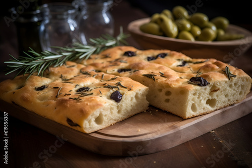 Homemade focaccia on a wooden board, traditional Italian bread. Fresh bakery. Generated AI