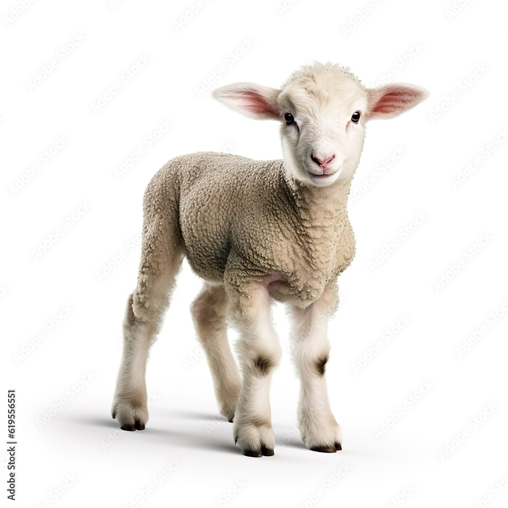 Fototapeta premium Cute little baby sheep lamb realistic photo character generative AI illustration isolated on white background. Lovely baby animals concept