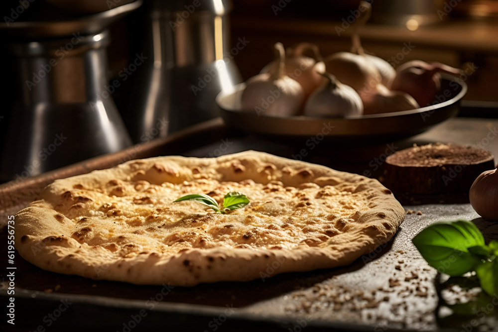 Fresh matzah, pita bread on a wooden board, garlic on a blurred background. Menu. Generated AI Fresh matzah, pita bread on a wooden board, garlic on a blurred background. Menu. Generated AI