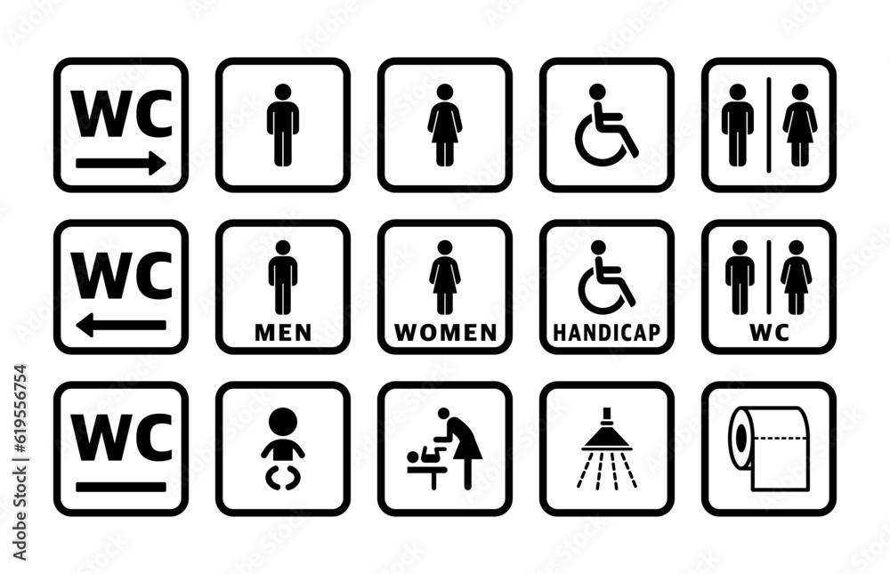 Wc toilet sign door sign icon vector set. Male and female toilet icon set. Wc toilet sign door sign icon vector set. Male and female toilet icon set.