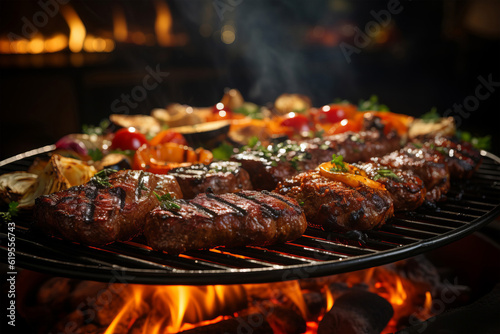 Flame grill with burgers and steak - BBQ meat - Food photography