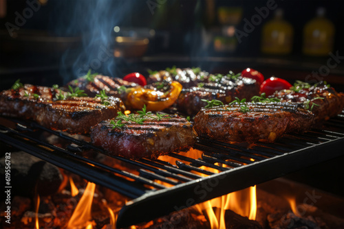 Flame grill with burgers and steak - BBQ meat - Food photography