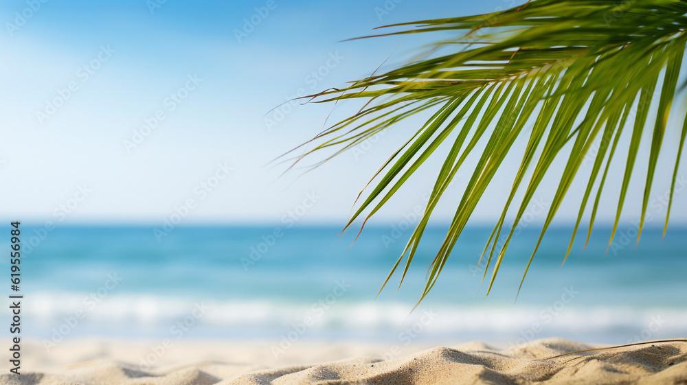Beautiful sandy beach and a green palm branch in the foreground. Mockup and copyspace. AI generated.