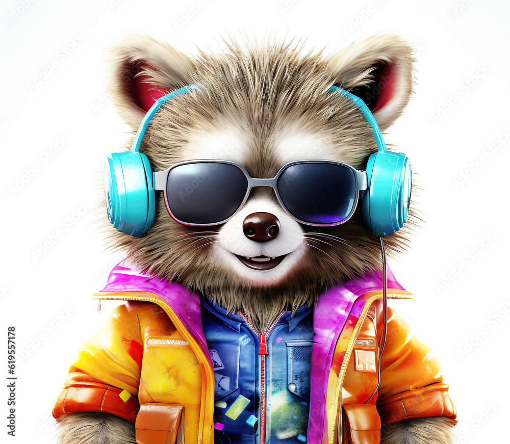 colorful cartoon character small raccoon wearing sunglasses and headphones