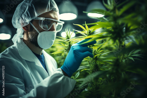 A scientist biologist in a mask and goggles studies the stems and leaves of hemp, cannabis. AI generated.