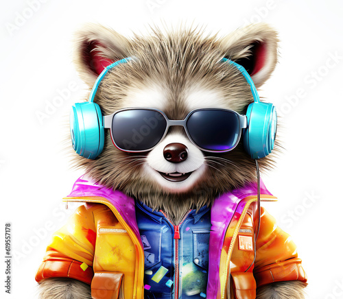 colorful cartoon character small raccoon wearing sunglasses and headphones © innluga