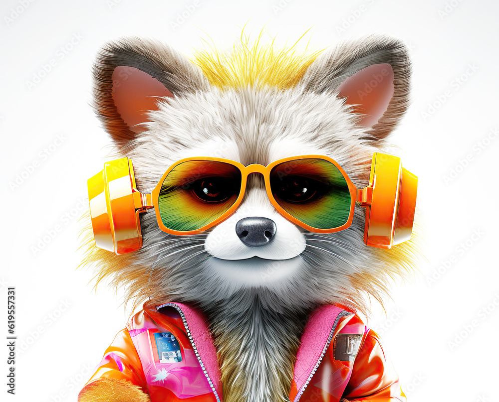 colorful cartoon character small raccoon wearing sunglasses and headphones colorful cartoon character small raccoon wearing sunglasses and headphones
