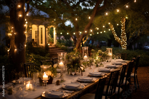 Reception dinner tablescape at evening. Serving banquette table outdoor. No people. AI generative.