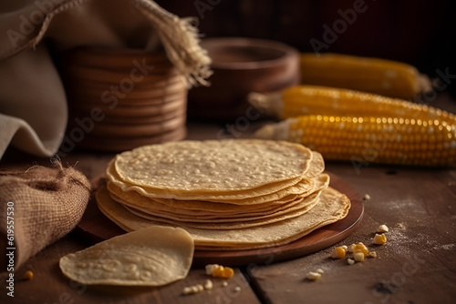A stack of delicious tortillas on a wooden table and corn. Traditional pastries. AI generated photo