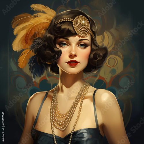 Illustrated Portrait of a Glamorous 1920s Flapper Woman