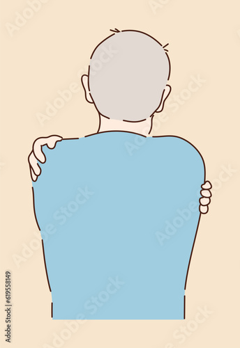 Senior man hugs himself. Positive eldery expressing love and care. Love for yourself, high esteem and body positive concept vector.