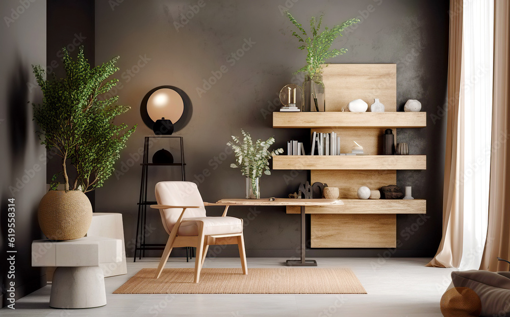 Beige wooden chair against window near dark stucco wall with shelving
