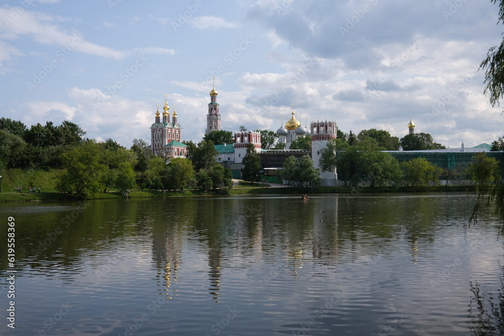 View of the architectural ensemble of the Novodevichy Monastery in Moscow.