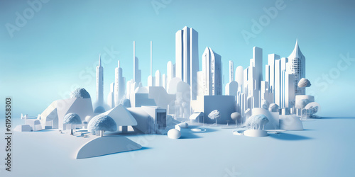 Modern City 3D render view. Minimalist modern architecture 