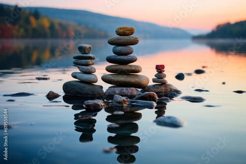 stones balanced on a calamity lake. Relaxation concept