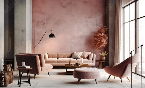 Pink upholstered furniture against window near stucco wall. Interior design of modern living room. Created with generative AI