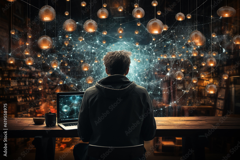 A young man sits at a computer and works with a neural network. The concept of artificial intelligence and modern technologies. Back view. AI generated