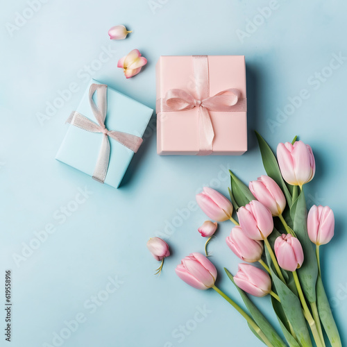 Gift box with pink tulips on coler background. Flat lay, top view © Soeren