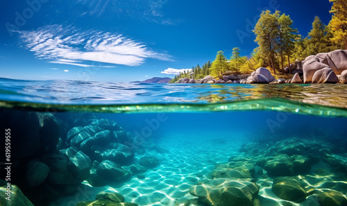 Tropcial blue ocean water Blue sea or ocean water surface and underwater with sunny and blue sky on tropical location. beautiful travel resort Island background AI generative