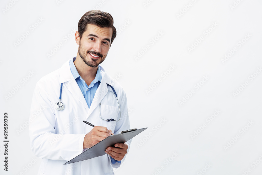 Man doctor in white coat with stethoscope and folder for notes and patient records smile and good test results look into camera on white isolated background, copy space, space for text, health Man doctor in white coat with stethoscope and folder for notes and patient records smile and good test results look into camera on white isolated background, copy space, space for text, health