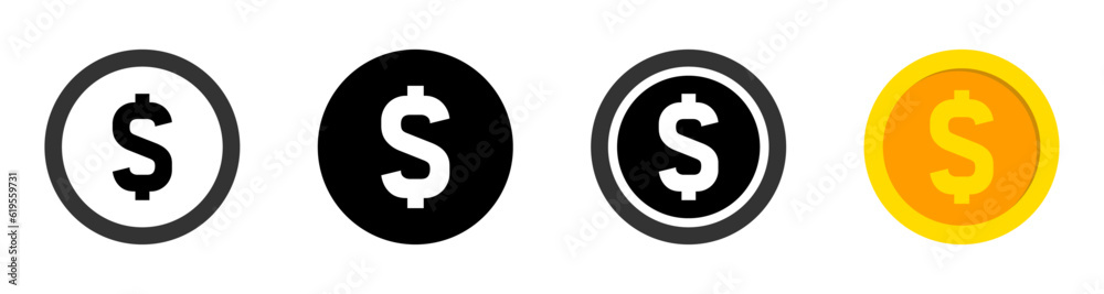 Dollar coin vector icons set. US dollar coin symbols collection Dollar coin vector icons set. US dollar coin symbols collection