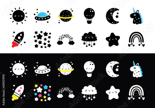 Adorable full editable montessori flashcards set of cute illustration inspired by dreamy world. Icons such as unicorn, moon, stars, rocket, ufo and more.