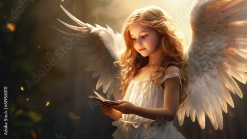 Cute child angel with white wings holding a book and smiling. Innocence and Peace. Generative AI illustration.