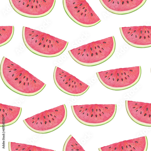 Fototapeta Naklejka Na Ścianę i Meble -  Watermelon slice seamless pattern. Drawn with colored pencils. Watermelon background. Seamless pattern with watermelons slices. Summer fruit.
