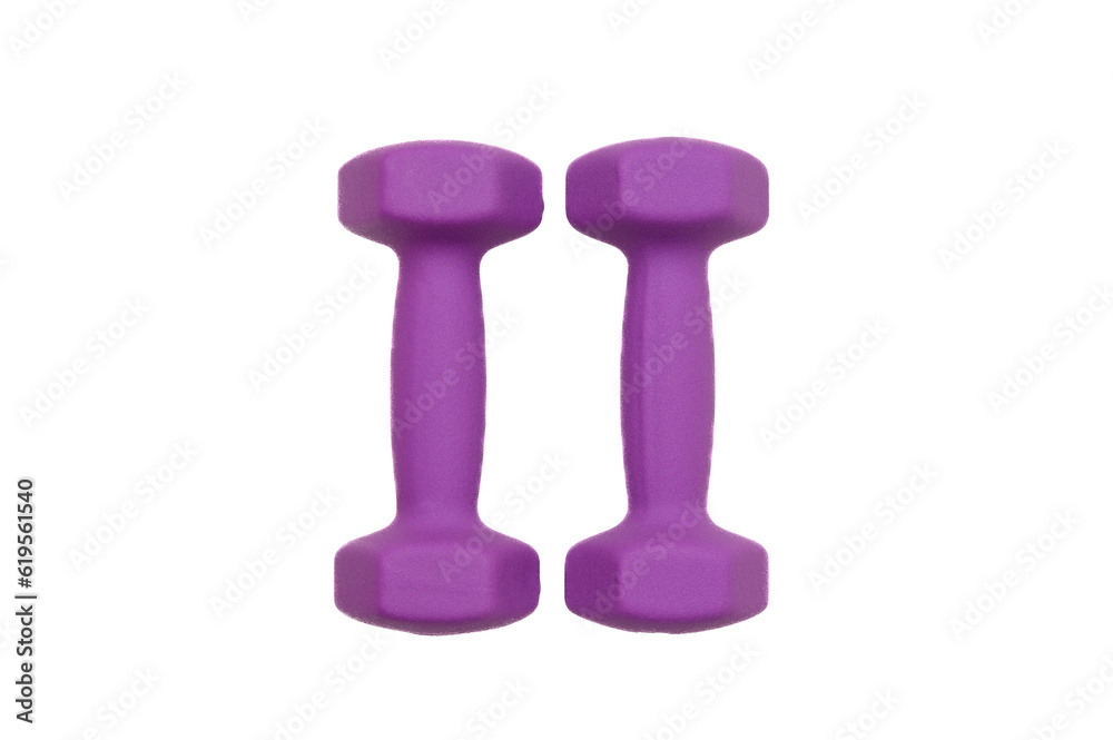 Two rubberized dumbbells 2 kg in purple color isolated on white. Sports training, fitness, sports equipment,weight loss. Two rubberized dumbbells 2 kg in purple color isolated on white. Sports training, fitness, sports equipment,weight loss.