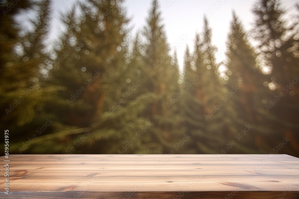 Wooden table with forest background for product display, advertising. Generatice ai. Wooden table with forest background for product display, advertising. Generatice ai.