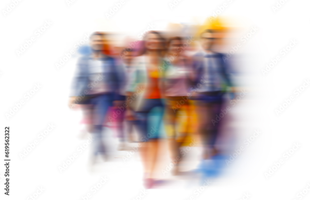 Blurry image of abstract unrecognizable people diverse business team crowd in line full legth with motion effect