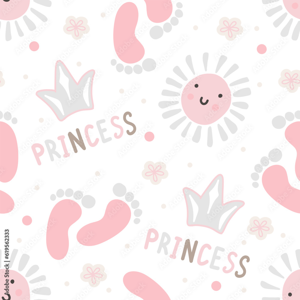 Seamless pattern pink cute crown, sun and footprint. Baby girl wallpaper Little princess design Seamless pattern pink cute crown, sun and footprint. Baby girl wallpaper Little princess design