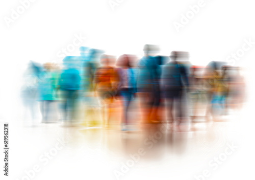 Blurry image of abstract unrecognizable people diverse business team crowd in line full legth with motion effect photo