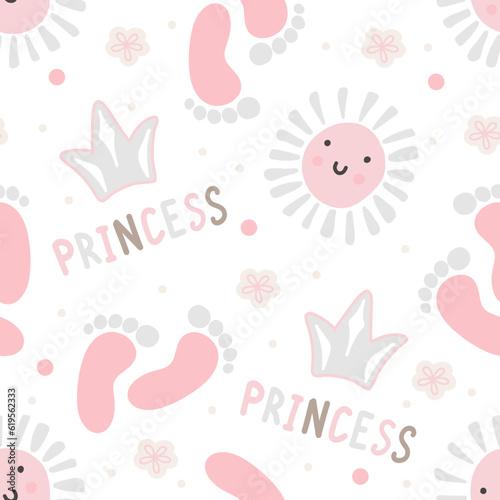 Seamless pattern pink cute crown, sun and footprint. Baby girl wallpaper Little princess design