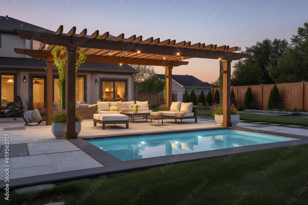 Photo of a luxurious backyard oasis with a sparkling pool and comfortable patio furniture