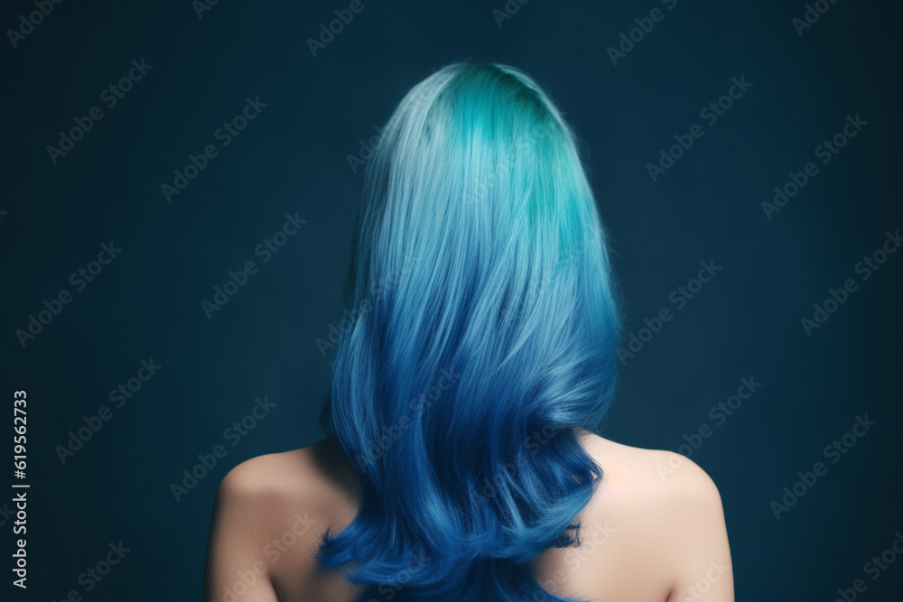 Beautiful woman with colorful blue dyed hair, rear view. Beautiful woman with colorful blue dyed hair, rear view.