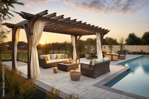 Photo of a luxurious backyard oasis with a sparkling pool and comfortable patio Fototapeta