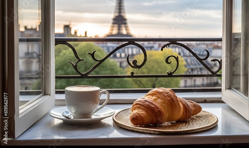 a cup of coffee and a croissant on a table. generative ai