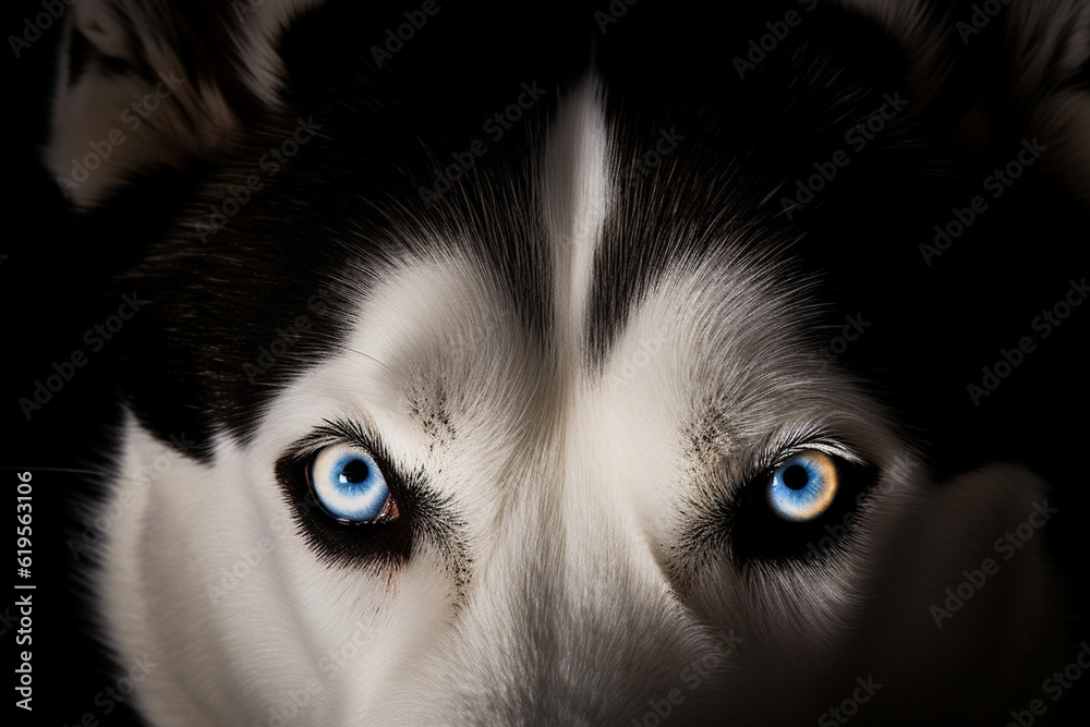 Close-up shot of a husky dog's blue eyes