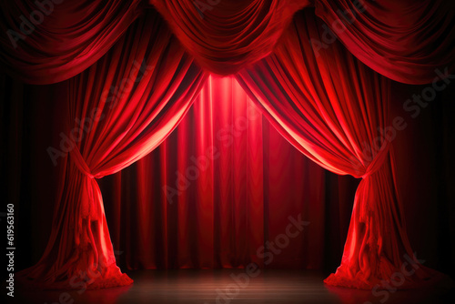 Elegant Theater Stage with Red Curtains and Show Spotlight. Generative AI