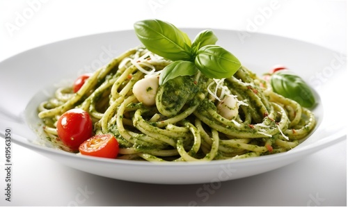  a white bowl filled with pasta and pesto on top of a table. generative ai