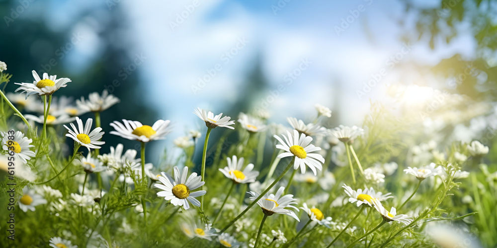 Beautiful Daisies on Green Meadow in Sunlight, Nature Background  Ai Generated 