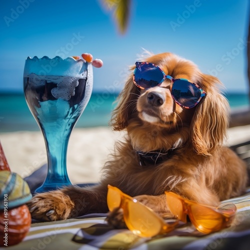 Dog on the beach wear sunglasses with a cocktail, summer vibes ,Generative AI