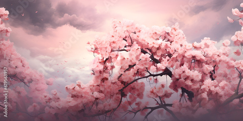  Spring Beautiful Cherry Blossom Background A pink flower tree with a grey sky in the background Ai Generated 