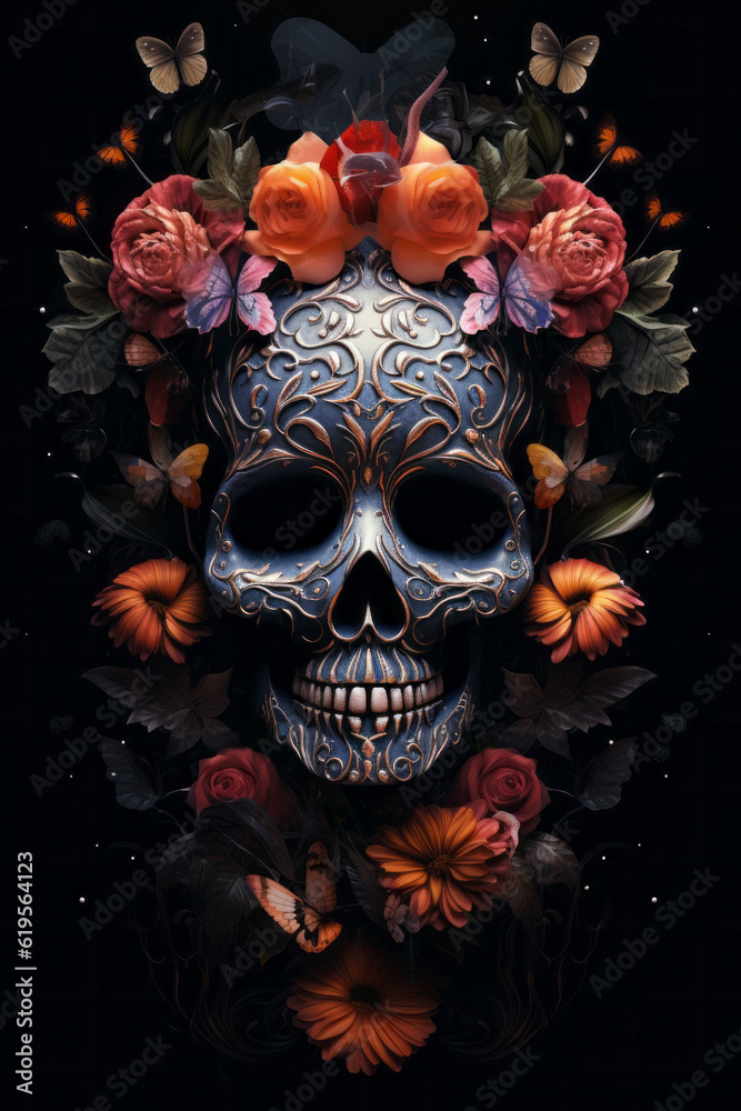 Dia de los Muertos. Day of the Dead. Mexican sugar skull illustration surrounded by tropical flowers and leaves. 