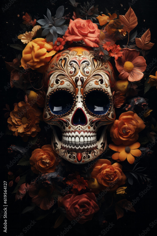 Dia de los Muertos. Day of the Dead. Mexican sugar skull illustration surrounded by tropical flowers and leaves. Dia de los Muertos. Day of the Dead. Mexican sugar skull illustration surrounded by tropical flowers and leaves.