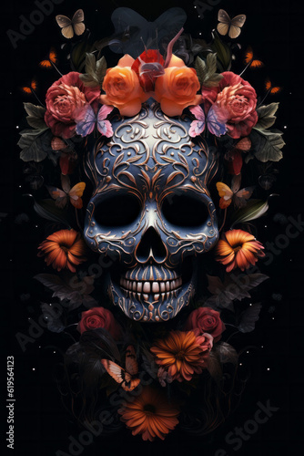 Dia de los Muertos. Day of the Dead. Mexican sugar skull illustration surrounded by tropical flowers and leaves. 