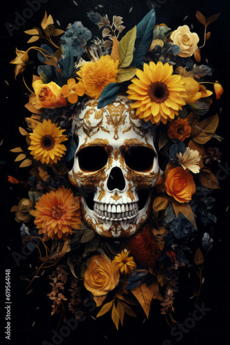 Dia de los Muertos. Day of the Dead. Mexican sugar skull illustration surrounded by tropical flowers and leaves. 